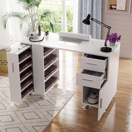 Advwin Manicure Table with Dust Collector Nail Tech Desk for Beauty Salon Nail Station with Wrist Cushion Drawers Shelves and Storage Cabinet