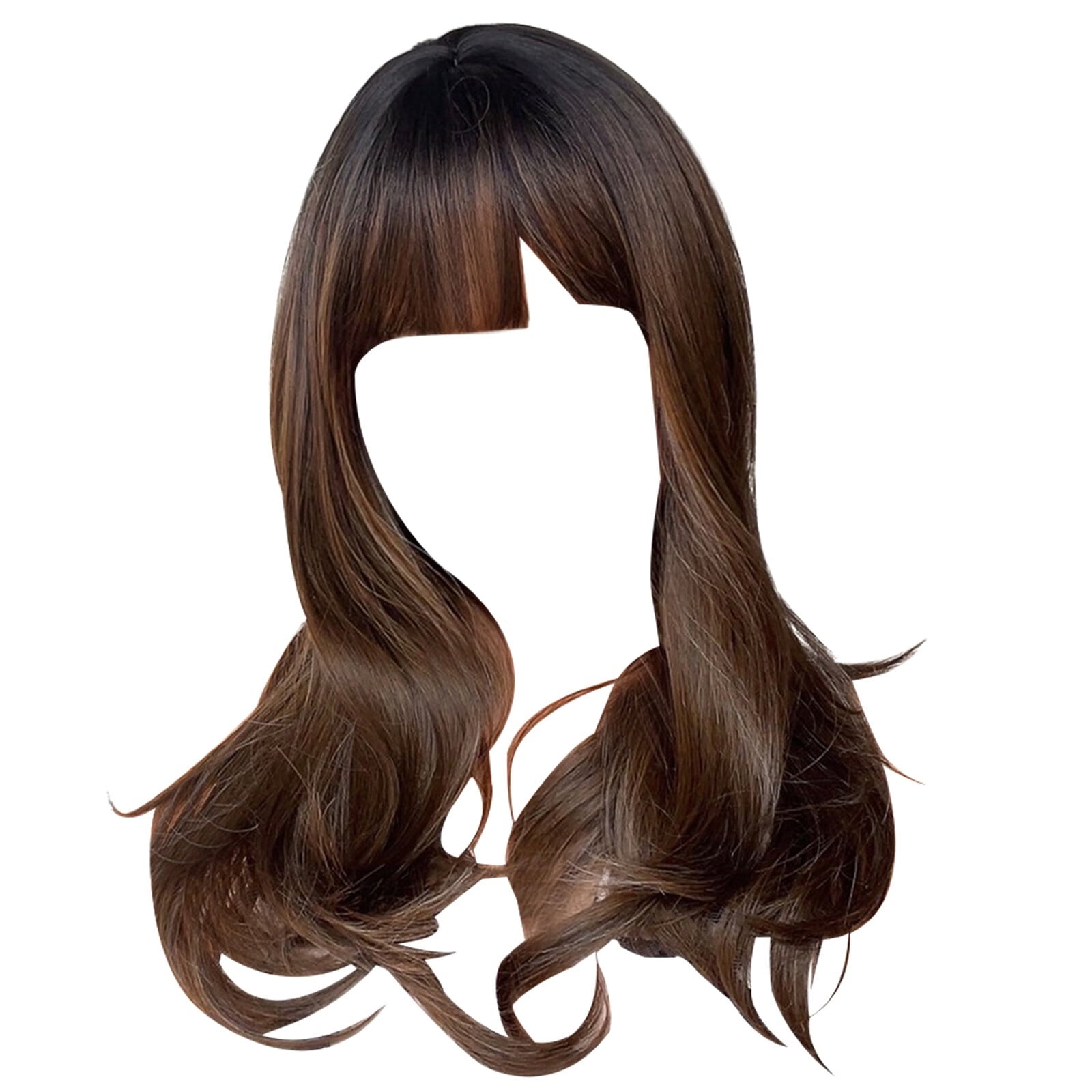 DOPI Human Hair Wigs For Women 20 Inch Brown Long Curly Synthetic Wigs For Women Natural Wave Wigs With Bangs Fashionable Layered