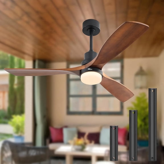 "Sofucor 52"" Ceiling Fan with Lights, Remote Control, Reversible Noiseless Motor, 3 Walnut Wooden Blades"