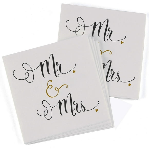 Charming Mr. and Mrs. Wedding Napkins - 50-Count, Elegant Printed Design, Perfect for Celebrations, 4.75-Inch Folded Size, Ideal for Reception and Toasts