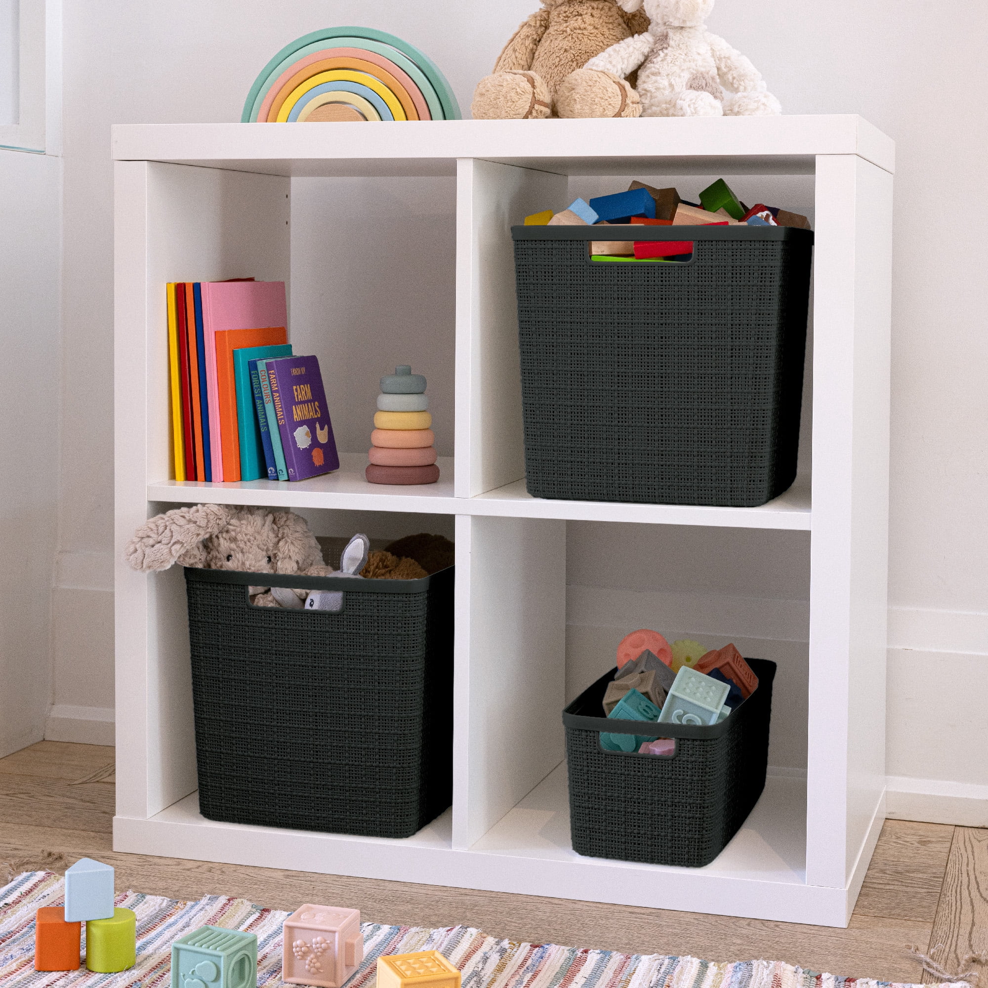 Curver Set of 6 Jute Basket Slim Durable Resin Organization and Storage Basket Bin, Black