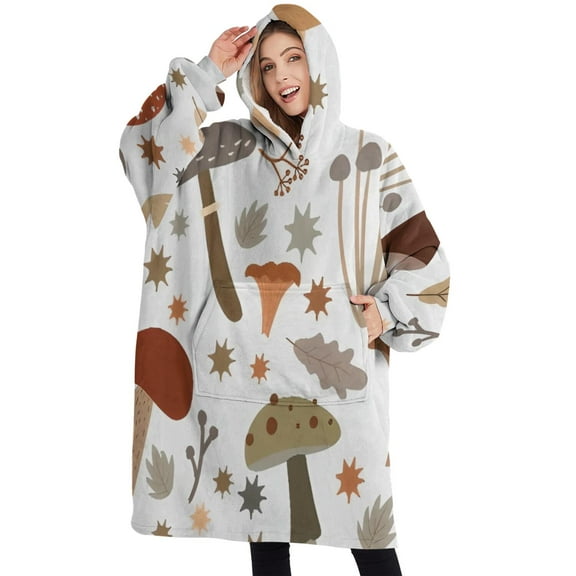 Oversized Wearable Blanket Hoodie,Brown Mushroom Leaf Light Pattern Sherpa Blanket Hoodie with Super Pockets,Super Warm Fuzzy Pullover for Women & Men