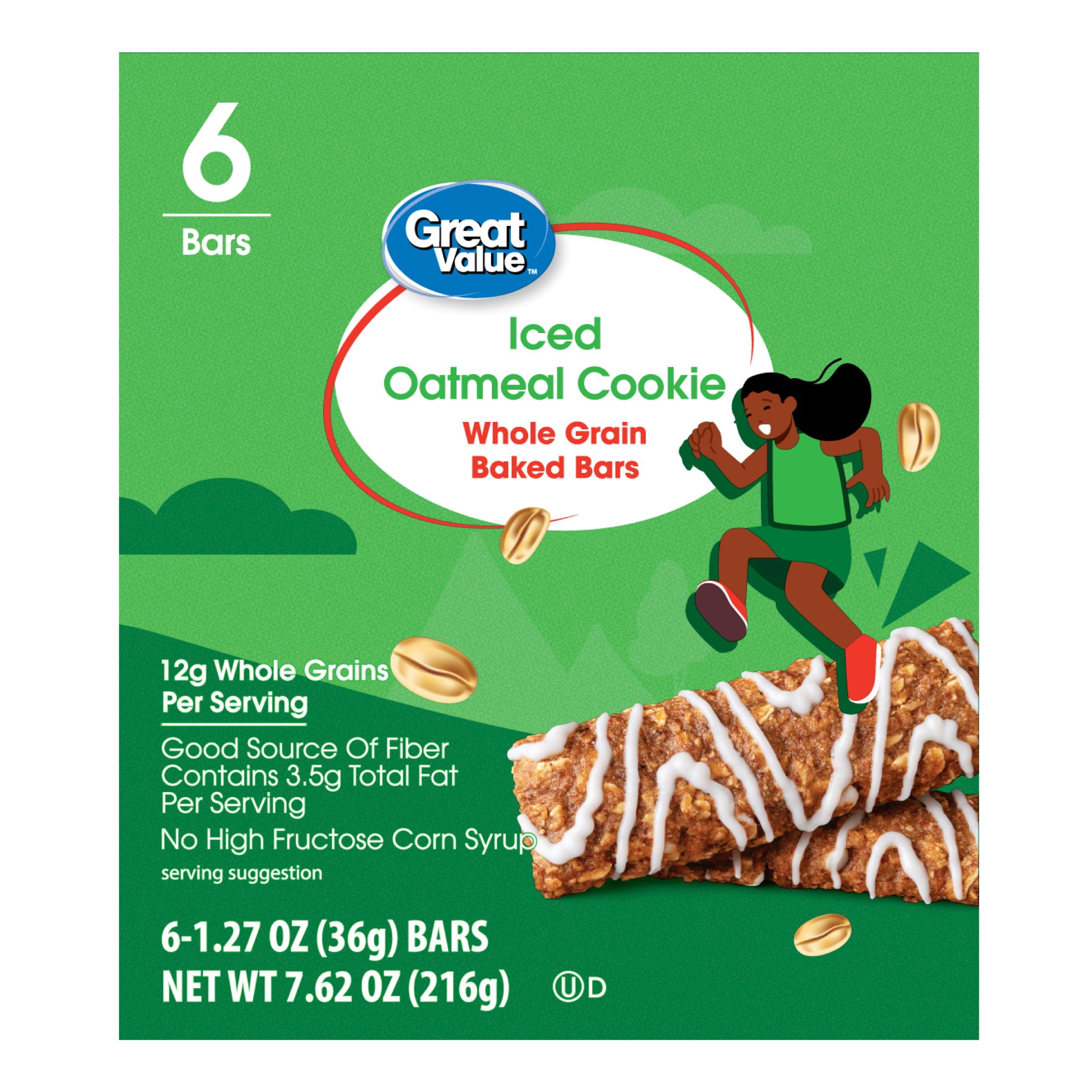 (3 pack) Great Value Iced Oatmeal Cookie Whole Grain Baked Bars, 1.27 oz, 6 Count