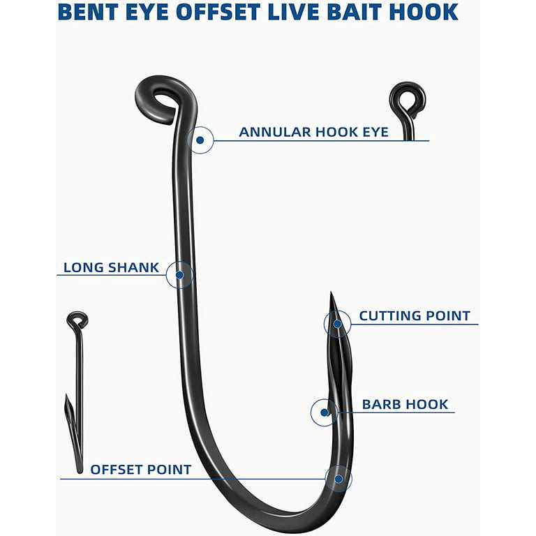 Bluewing Bent Eye Offset Live Bait Hooks Fishing Hooks Cutting Point Hooks High Carbon Steel Hooks Extra Sharp Fish Hooks for Freshwater Saltwater