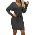 thumbnail image 2 of Women'S Long Sleeve Bodycon Sweater Dress V Neck Cable Knit Slit Midi Dresses with Belt Black M, 2 of 9