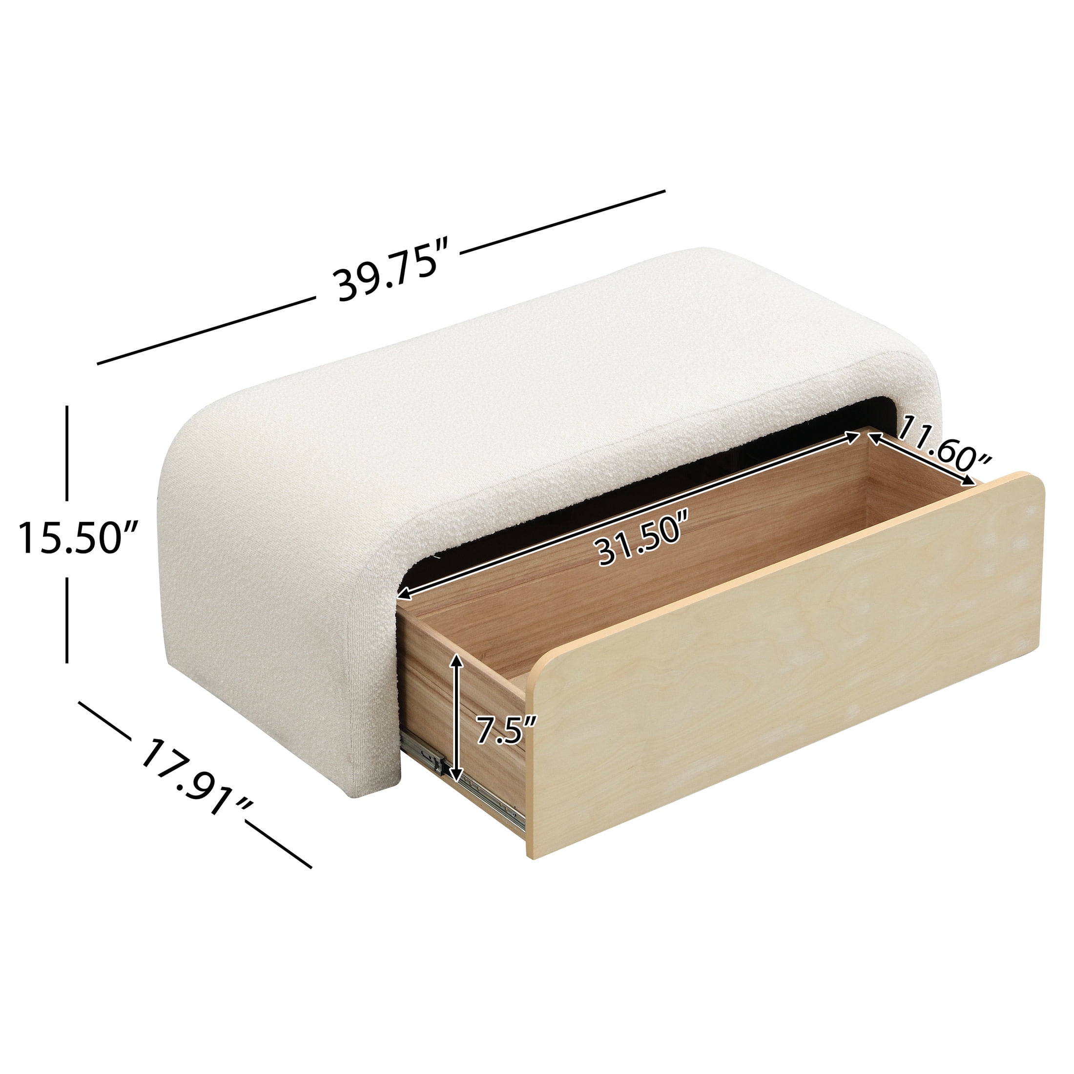 Christopher Knight Home Upholstered Ottoman with Solid Wood Drawer, Storage Footrest, White Boucle Fabric
