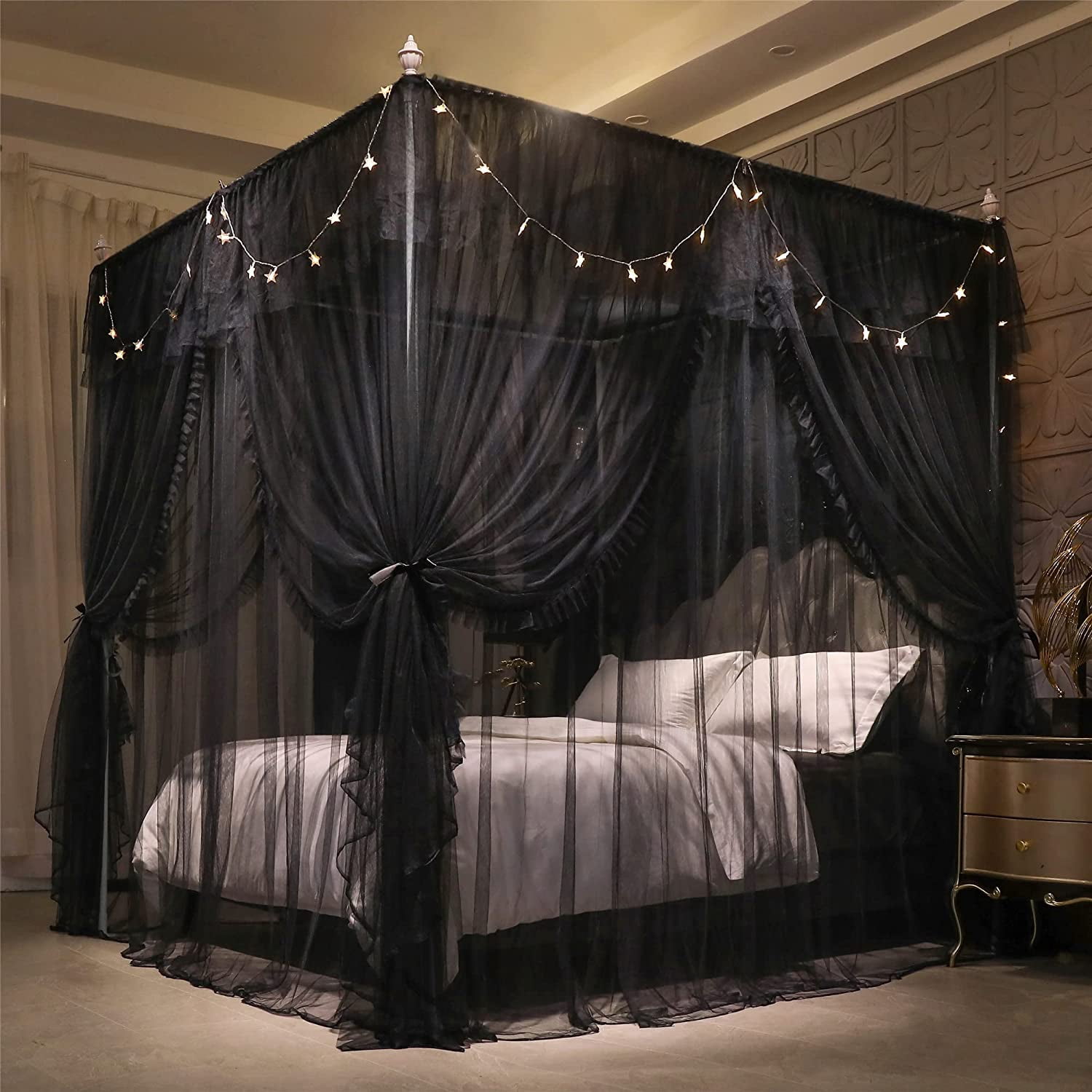 4 Corners Post Ruffle Princess Bed Canopy Curtain-Double Layer Cozy Drape Netting 4 Opening Mosquito Net for Girls Adults Bedroom Decoration (Double-Black,78" W*86" L*82"*H/King)