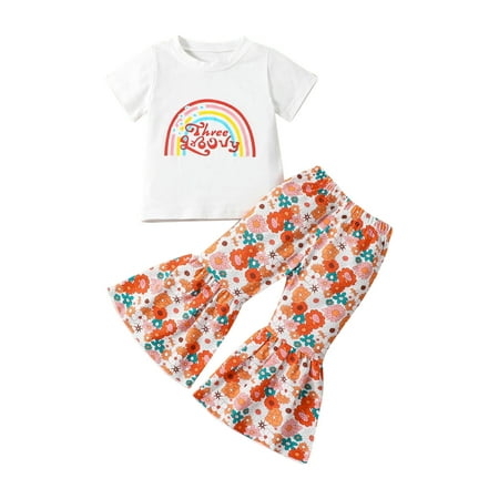 

Toddler Girls Outfit Set Short Sleeves Kids Letters Top Letters Prints Outfits Set Floral Bell Bottom Pants Flared Girls Outfit Set Outfits Set