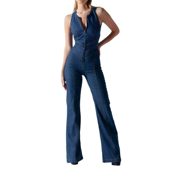 Women's Denim Jumpsuit - High Waisted Sleeveless with Back Heart Pattern, Polyester, Casual/Work, S-L