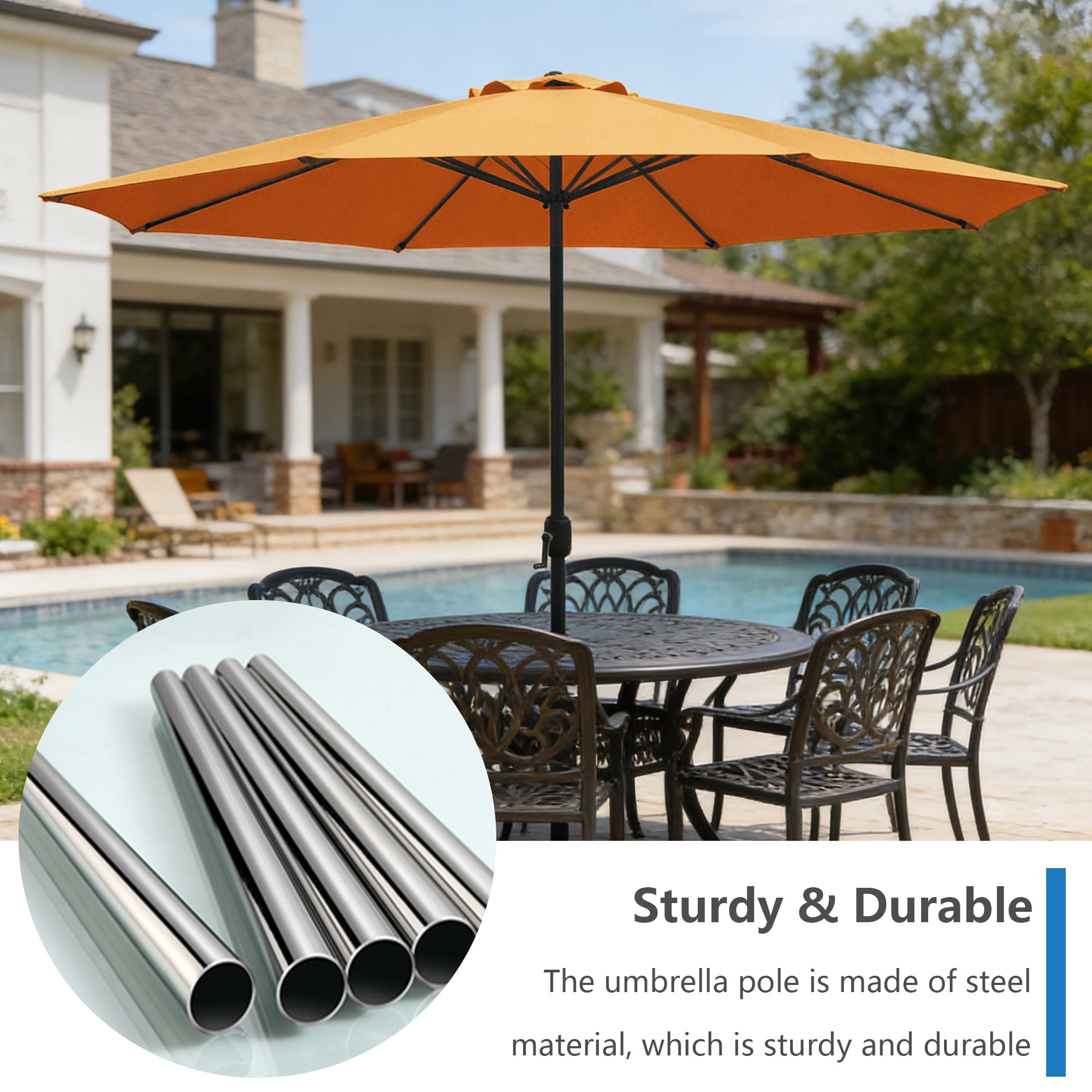 Abble 11FT Outdoor Patio Umbrella with Crank Handle, Market Umbrella with 8 Sturdy Umbrella Ribs, Waterproof for Garden Deck Backyard Pool,  Orange