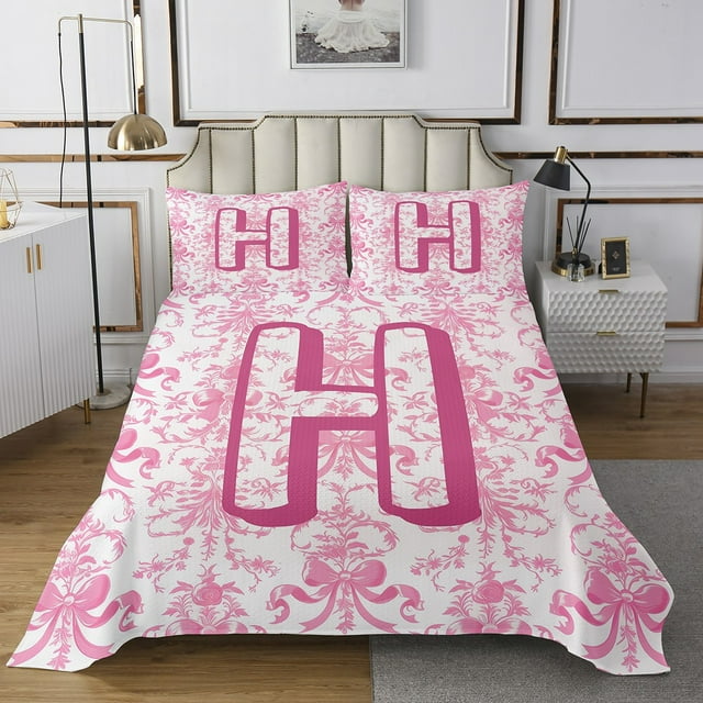 Erosebridal Ensemble de Couvre-Lit Monogrammé Format Jumeau Courtepointe à Nœud et Fleurs
