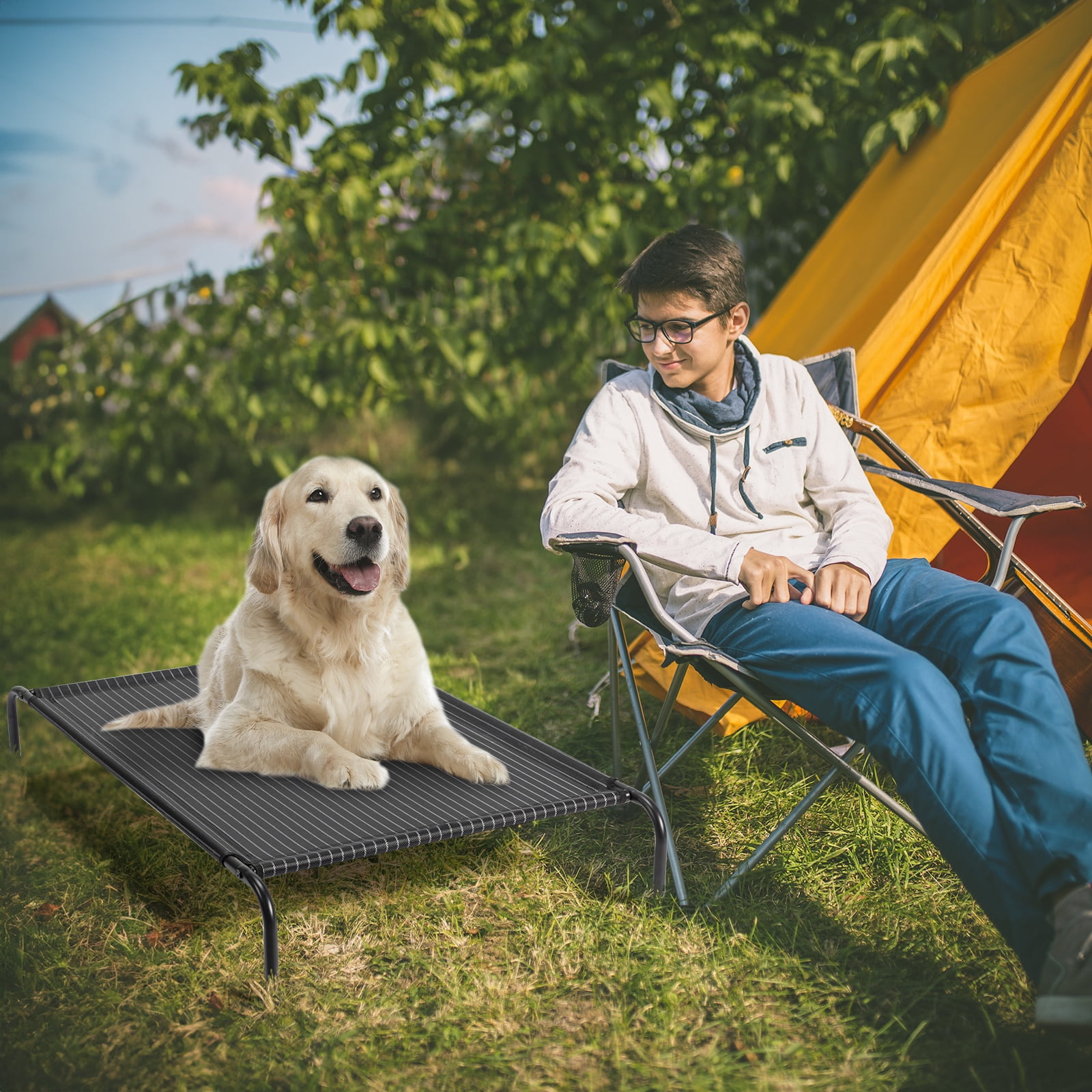 GTYIZ Elevated Dog Bed, Large Cooling Mesh Cot with Powder-Coated Steel Frame, 50x31 inch Outdoor Indoor Pet Bed for Heavy Dogs Up to 80 lbs, Easy Clean Portable for Camping Patio, Black