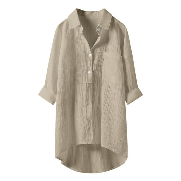 Casual Solid Color Button Up Collared Shirt For Women 3/4 Sleeve T Shirt Top