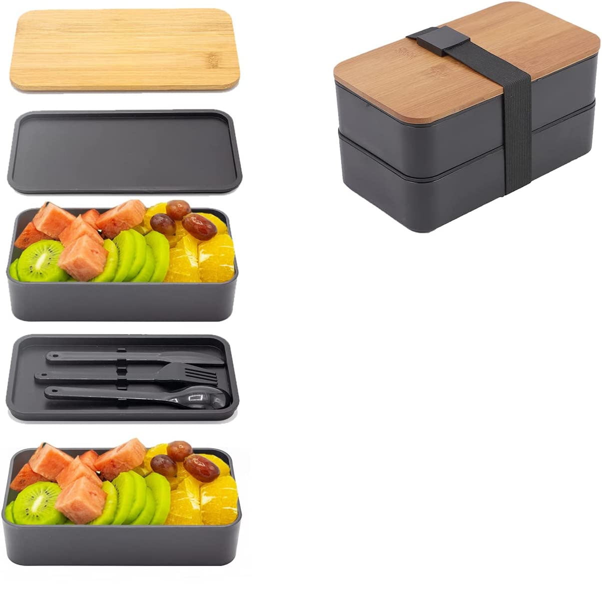 Japanese Bento Box,2 Layer Lunch Box , Meal Prep Lunch Container with Bamboo Chopping Board Lid