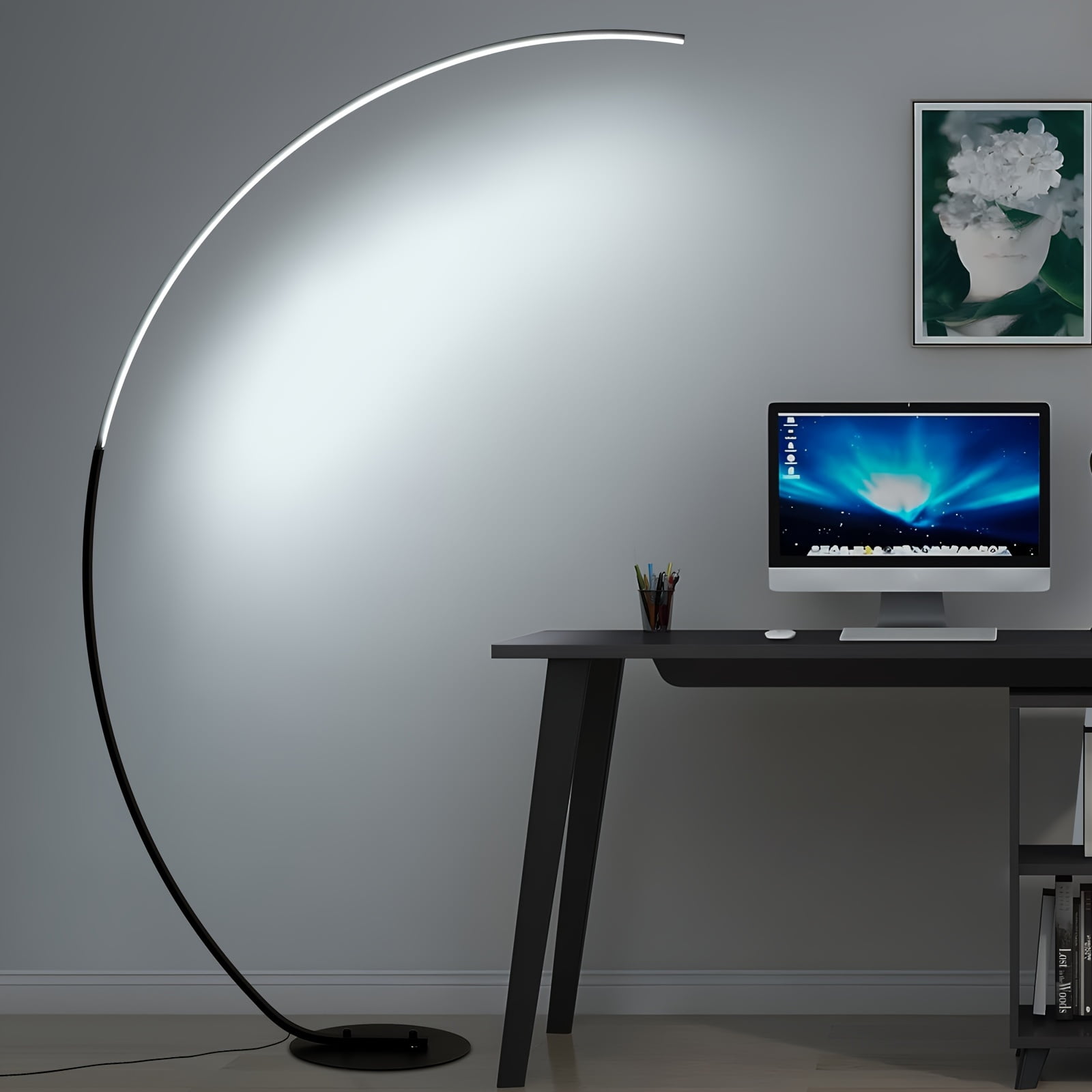 65 Inch Arched Modern Standing Floor Lamp With Remote - Dimmable Black Reading Floor Lamps LED Color Changing Curved Ambient Lighting For Bedroom And Living Room