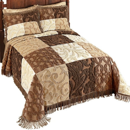 Beige Chenille - Mocha and White Scrolled Design Patchwork Chenille Bedspread with Fringe Trim, Queen, Beige