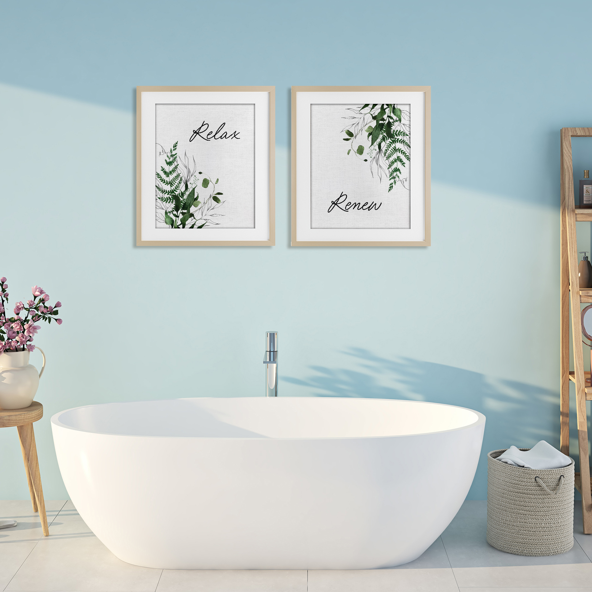Relax Renew Botanical Leaves 2 Piece Birch Framed Print Under Glass Set, design by Lettered and Lined