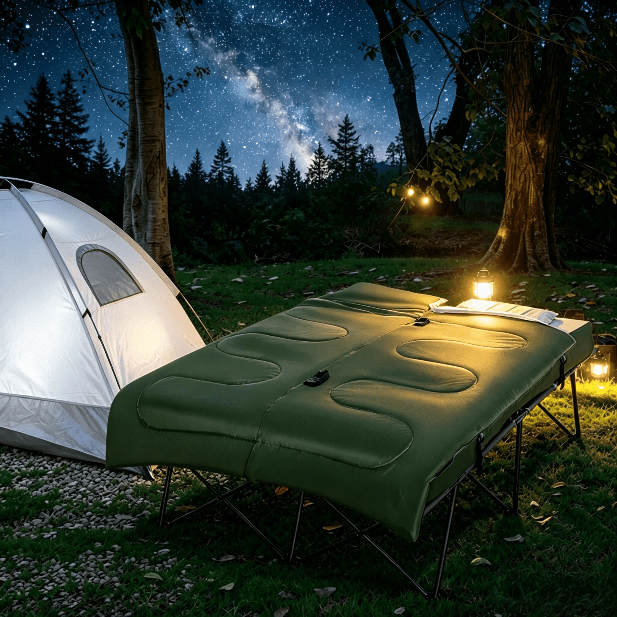2 Person Foldable Outdoor Camping Cot Set, Multifunctional Portable Elevated Tent Cot with Inflatable Air Mattress, Sleeping Bag, Pillows & Carry Bag, for Outdoor Camping Travel