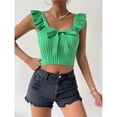 thumbnail image 3 of Top de mujer con nudo de lazo, cuello delantero, sin mangas, Top con volantes, blusa delgada de punto acanalado, blusa de Color puro verde L, 3 of 6