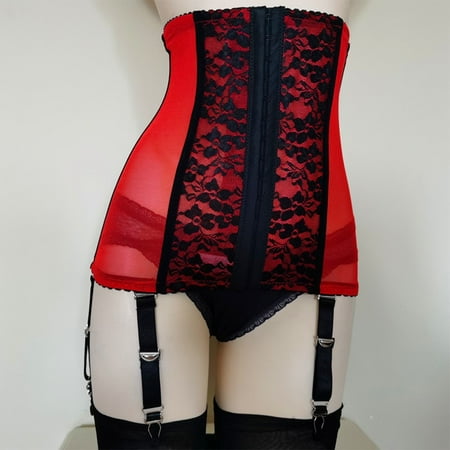 

ALSLIAO Womens Lace High Waist Shapewear Garter 6 Straps Clips Suspenders Red M