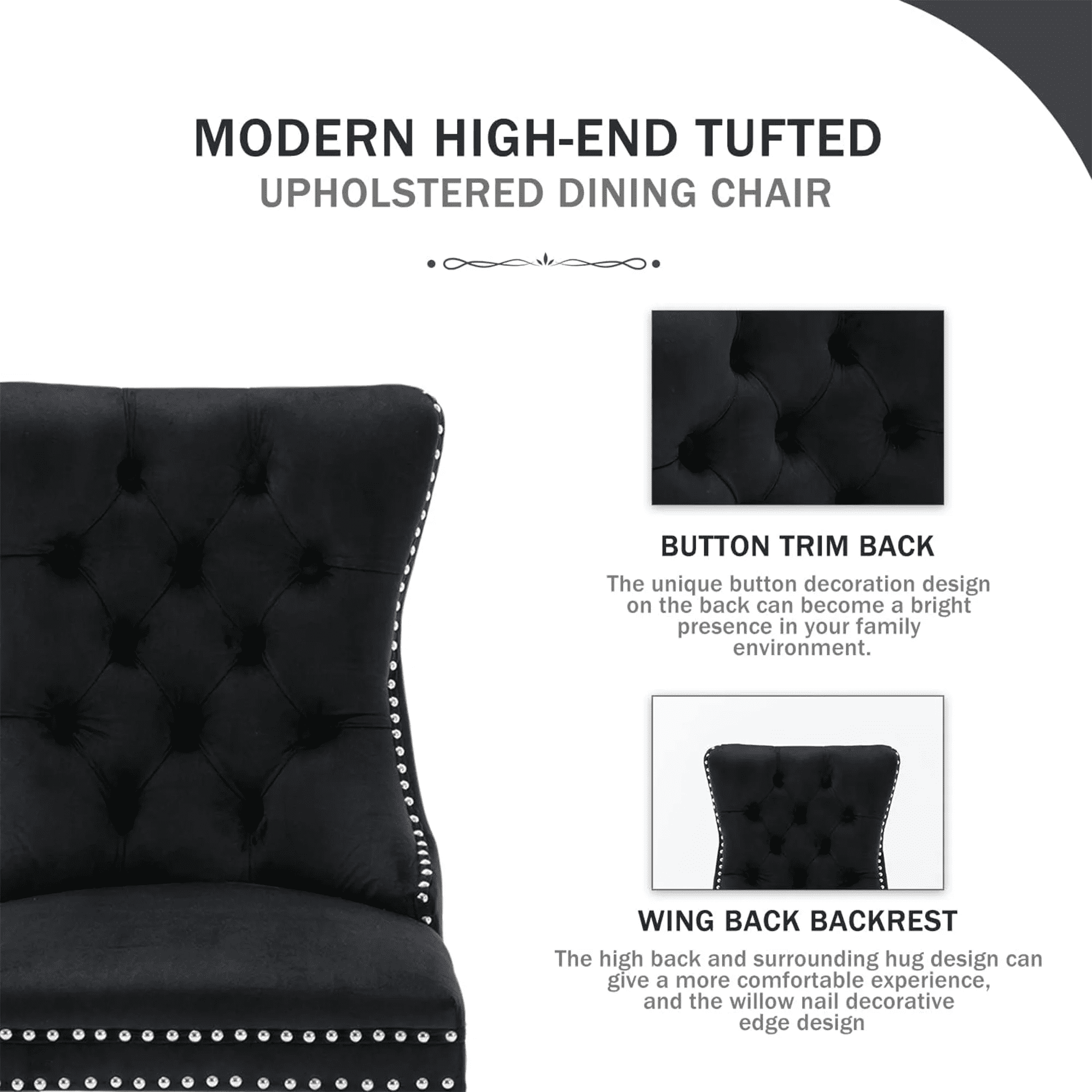 Dining Chairs Set of 2, Upholstered High-End Tufted Dining Room Chair with Back Ring and Nailhead Trim, Modern Velvet Kitchen Chairs with Solid Wood Legs for Kitchen, Home,Black