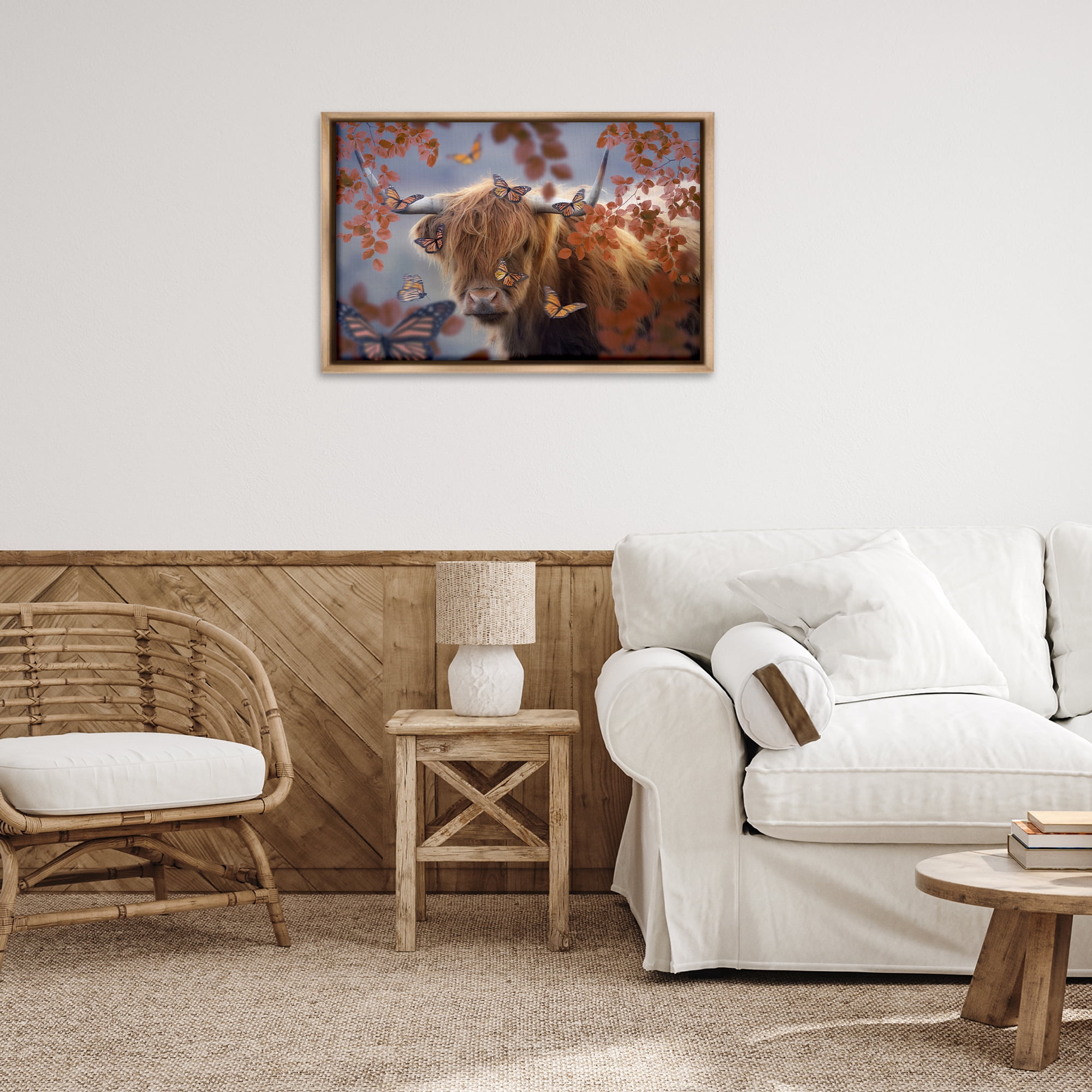 Stupell Industries Monarch Butterflies & Cattle Animals Painting Brown Floater Framed Canvas Art Print Wall Art, 31 x 21