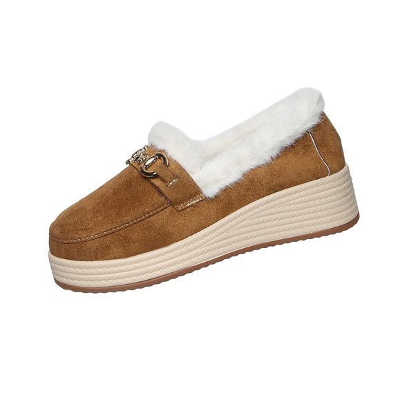 Xfvqtps Womens Winter Loafers Fleece Lined Flat Shoes Casual Comfortable Warm Slip on Metal Chain Everyday Wear Brown