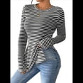 thumbnail image 1 of Camiseta de Larga A Rayas para Mujer, Cuello Redondo, Dobladillo con Abertura, Corte Entallado Negro M, 1 of 10