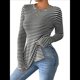 thumbnail image 1 of Camiseta de Larga A Rayas para Mujer, Cuello Redondo, Dobladillo con Abertura, Corte Entallado Negro S, 1 of 10