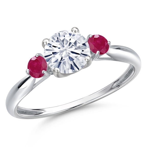 Gem Stone King 10K White Gold White Moissanite and Red Ruby 3-Stone Ring for Women | 1.11 Cttw | Round 6MM | Gemstone Birthstone | Size 7