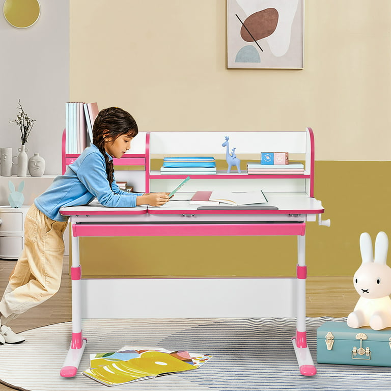 Costway Adjustable Height Kids Study Desk Drafting Table w/Bookshelf&Hutch  Pink