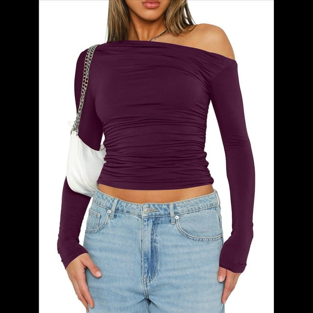 Blusa Informal de Larga con Cuello y Hombros Descubiertos para Mujer, Ajustada, para Salir, Estilo Y2K Rojo Púrpura M