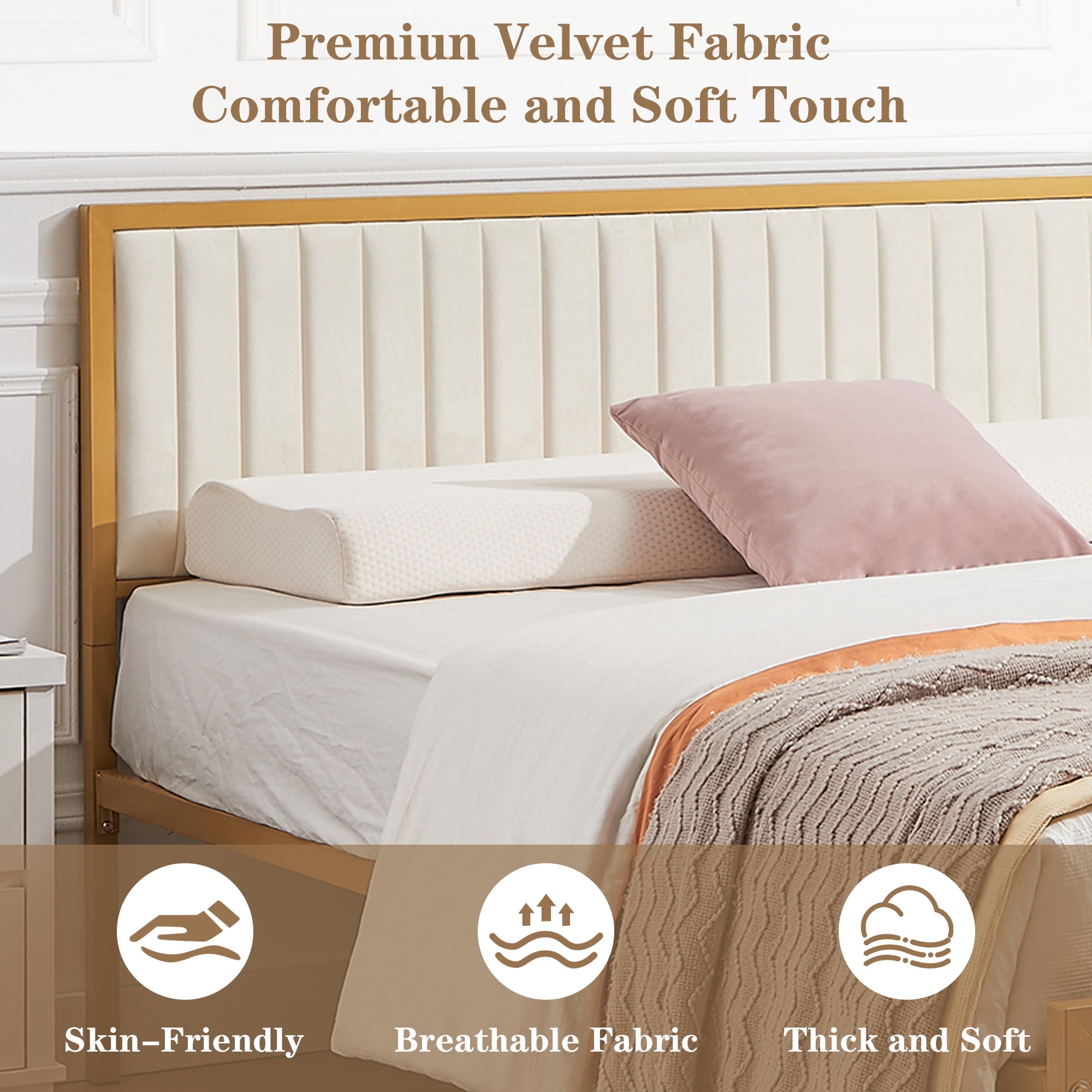 VECELO Queen Size Metal Platform Bed Frame, Modern Upholstered Bed Frame with Velvet Tufted Headboard and Footboard, No Box Spring Needed, Gold & Beige