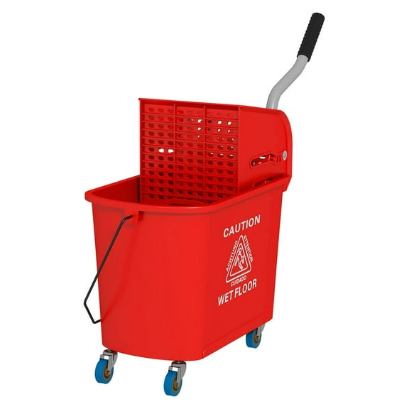 Mop Bucket with Wringer on Wheels - 21 Quart Red Floor Cleaning Bucket - Separate Clean/Dirty Water System - Down Press Wringer - Home & Janitorial Use