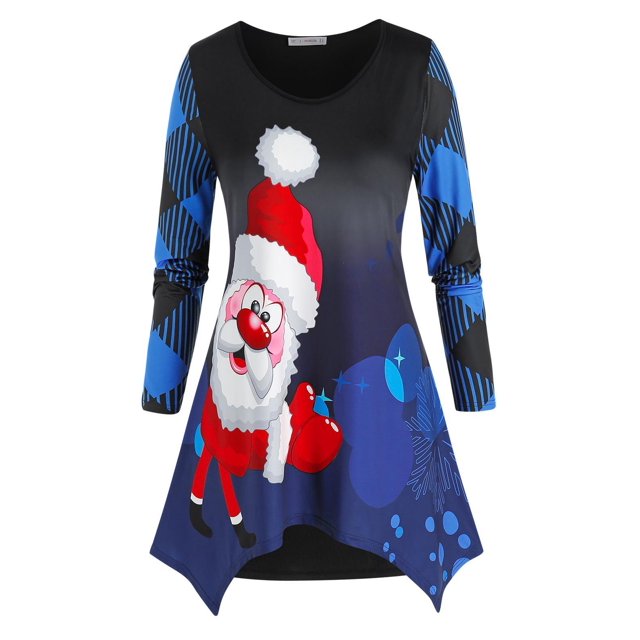 Más el tamaño de Navidad de Santa Claus pañuelo Hem Túnica Tee Rosegal Mangas largas de talla grande