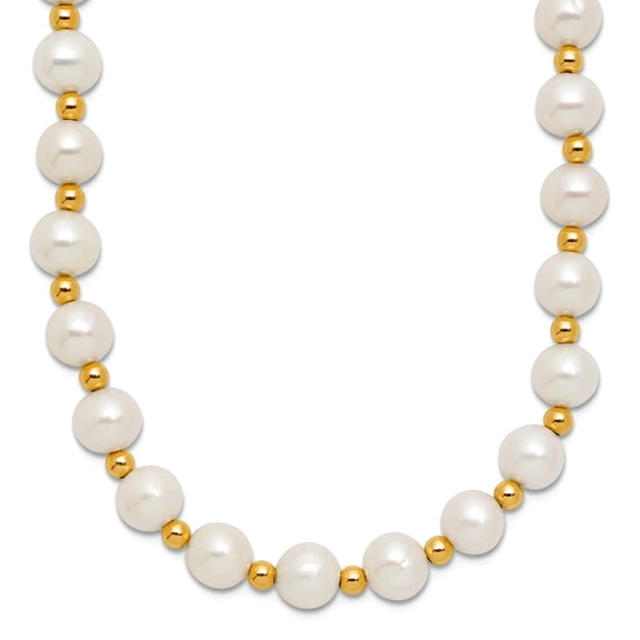 14k Solid Gold 6-7mm White Near Round Fw Cultured Pearl Bead Necklace 18 Inch Pendant Necklace for Women
