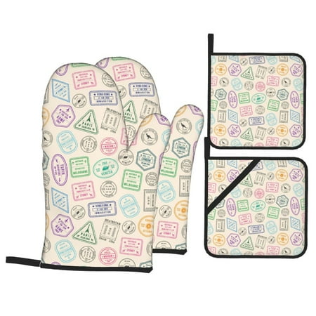 

Oven Mitts and Pot Holders Sets 4 pcs postmark Print colorful Non-Slip Oven Gloves Potholders Soft Quilted Lining Heat Resistant Gloves Hot Pads for Kitchen Cooking Baking