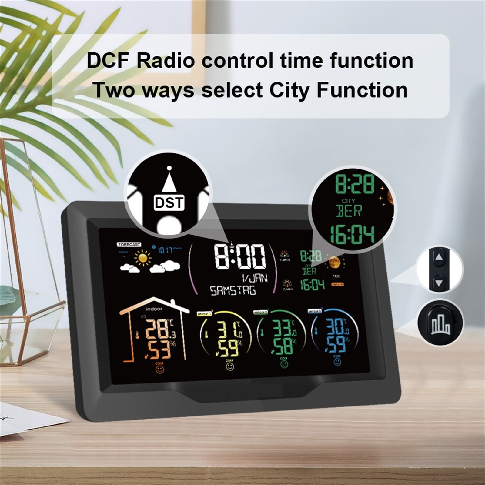 Weather Station Wireless Digital Indoor Outdoor Forecast Hygrometer Humidity Temperature Meter With 3 Sensors ,Excellent Visual Experience