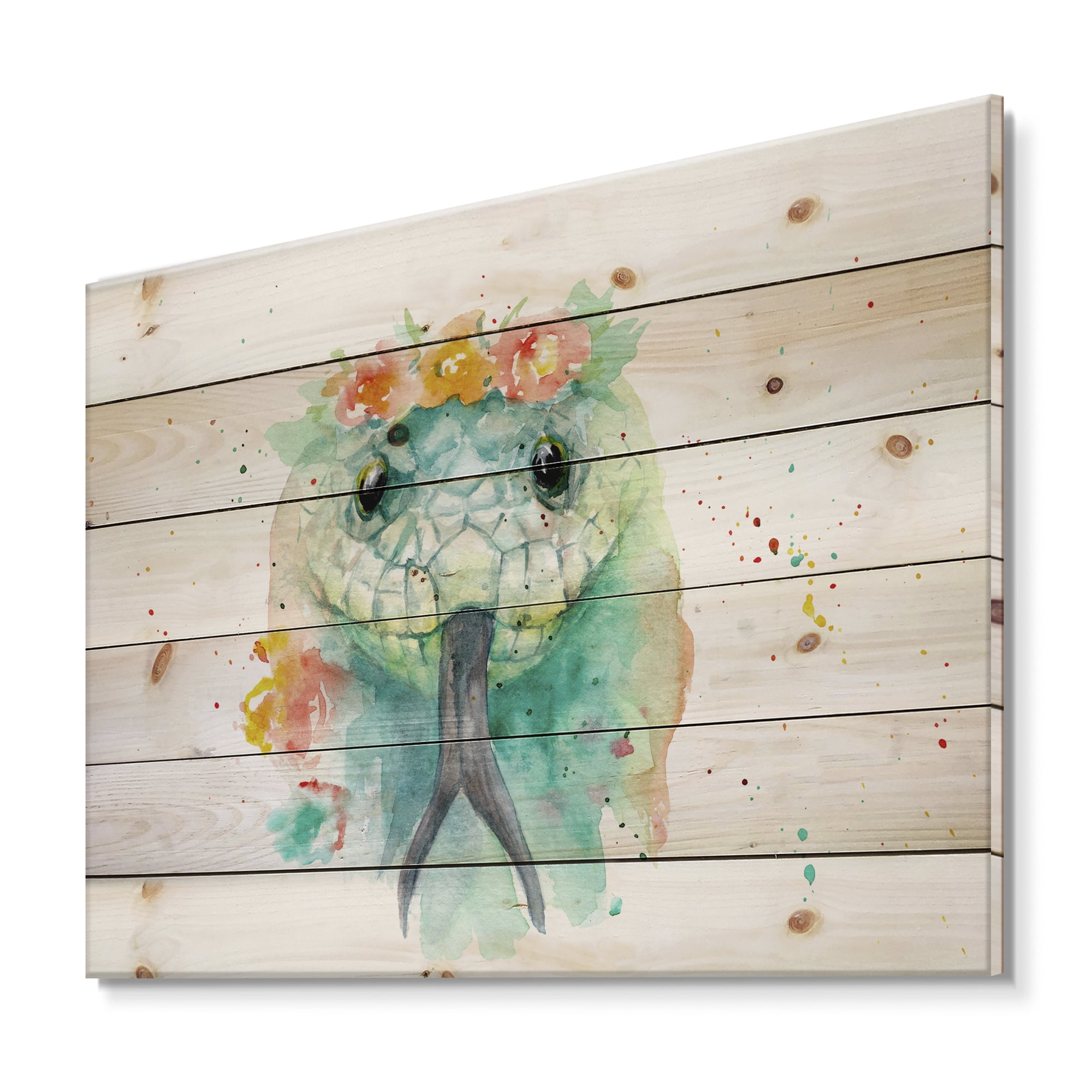 Designart 'Portrait A Green Snake In Flowers' Farmhouse Print on Natural Pine Wood
