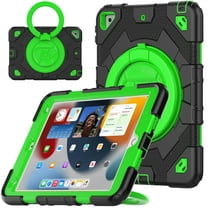 ELEHOLD Kids Case for iPad 9th/8th/7th Generation 10.2"(2021/2020/2019), Heavy Duty Rugged Shockproof Case with 360° Rotatable Folding Handle Grip Kickstand Crossbody Shoulder Strap,Black Green