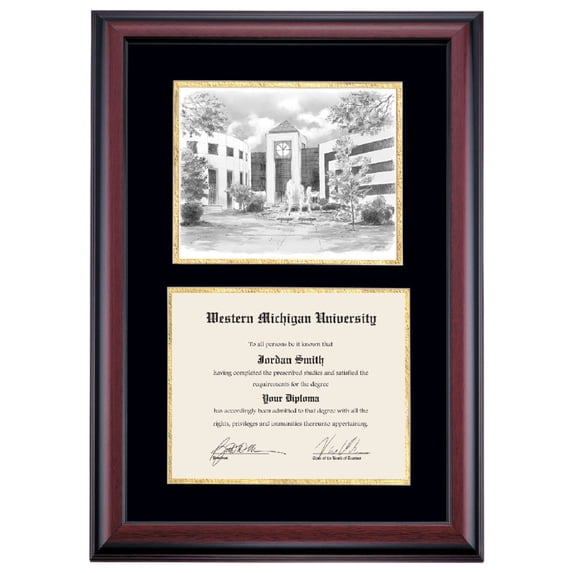 OCM Diploma Frame for Western Michigan University, Black/Gold Mat with Waldo Library Pen & Ink, 24" x 17"