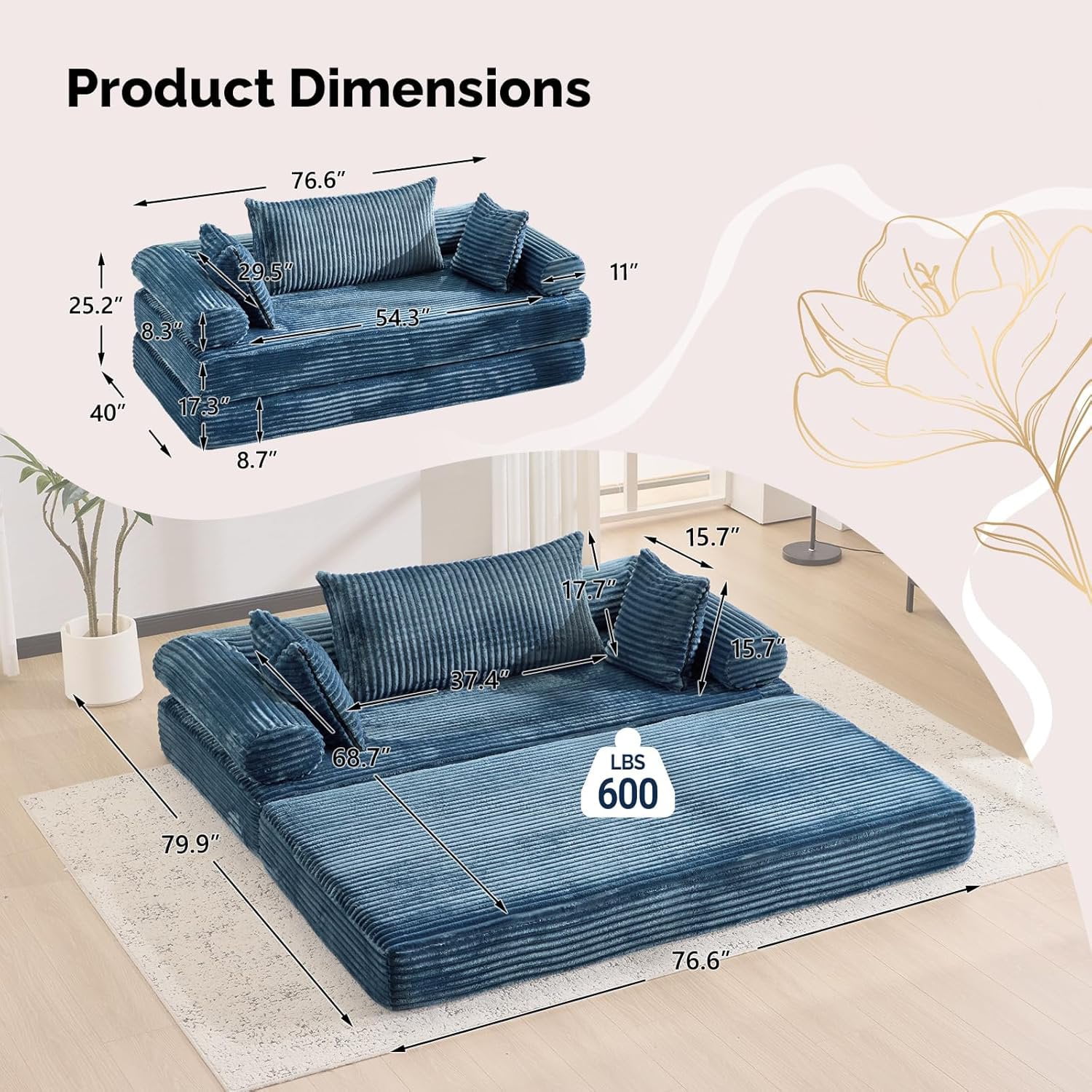 Ktaxon Convertible Sofa Bed, Pull-Out Sleeper Loveseat Couch with Oversized Back Pillow, Ideal for Living Room or Guest Use Navy Blue
