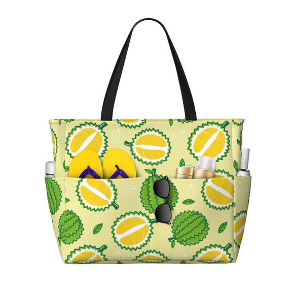 Large Beach Bags Water-resistant Sandproof - Cute Durian Green Yellow Cute Beach Tote Bags for Women with Zipper