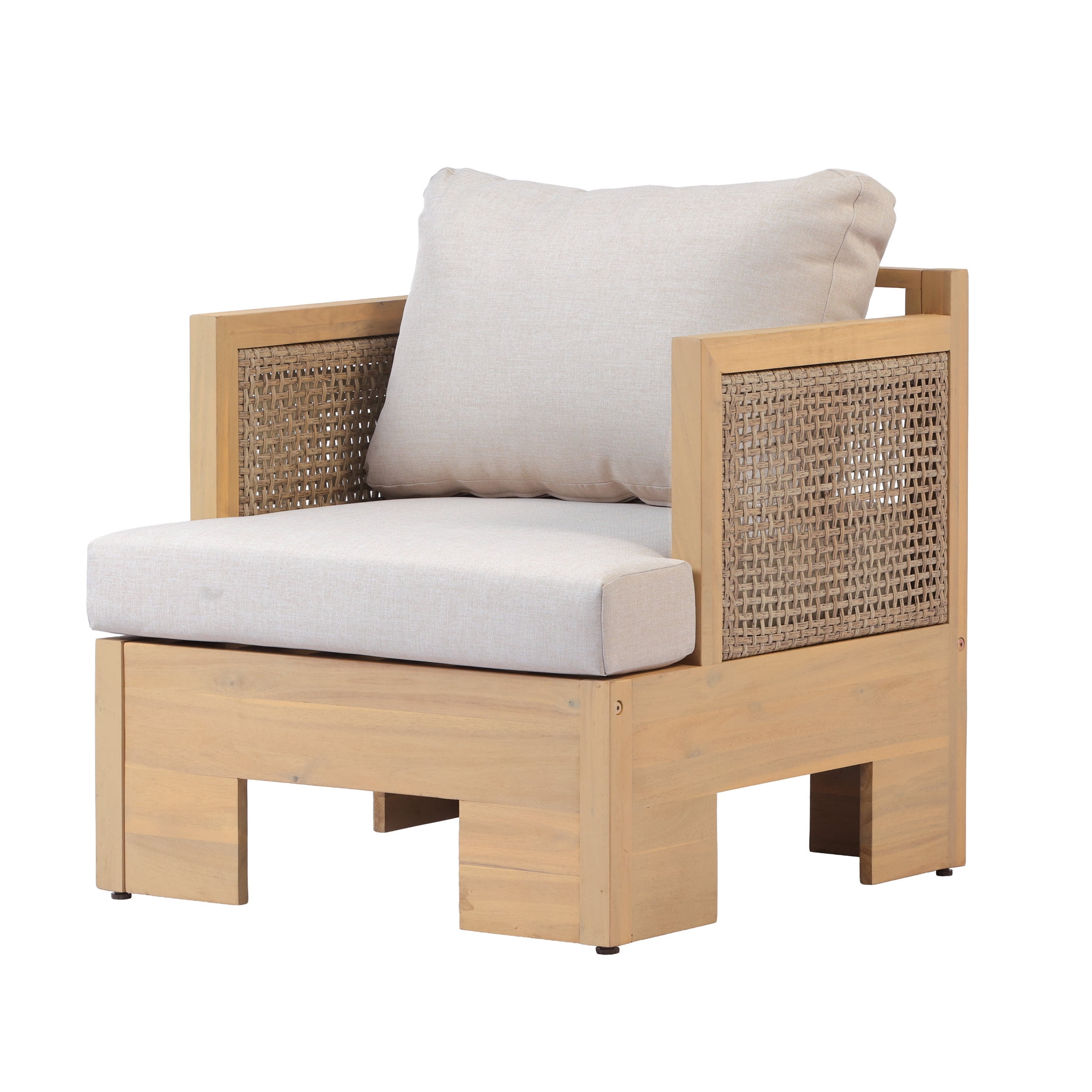 Christopher Knight Home Acacia Wood Outdoor Club Chair with Wicker Armrests, Beige Cushion, Light Teak