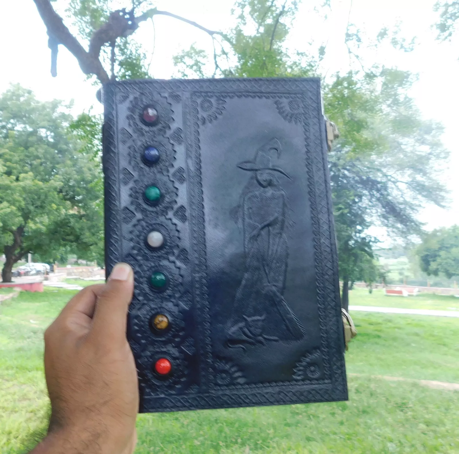 Handcrafted Embossed Witch Design Vintage Leather Bound Journal Seven Stone Grimoire Diary Blank Notebook For Men & Women