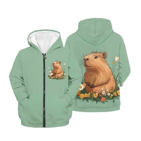 chaqlin Capybara Zip up Hoodies for Girls 6-7 Cute Zipper Hoodie Sweatshirts Flower Long Sleeve Hooded Jacket Lightweight Loose Fit Sports Coat with Pockets