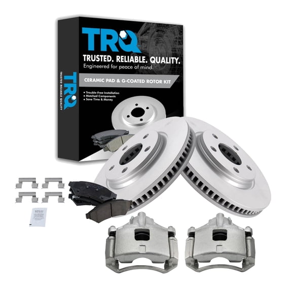 TRQ Front Brake Pad & Rotor Kit Brake Caliper Brake Pads Brake Rotor Ceramic Vented Premium G-Coated Fits Select 2005 Pontiac Montana
