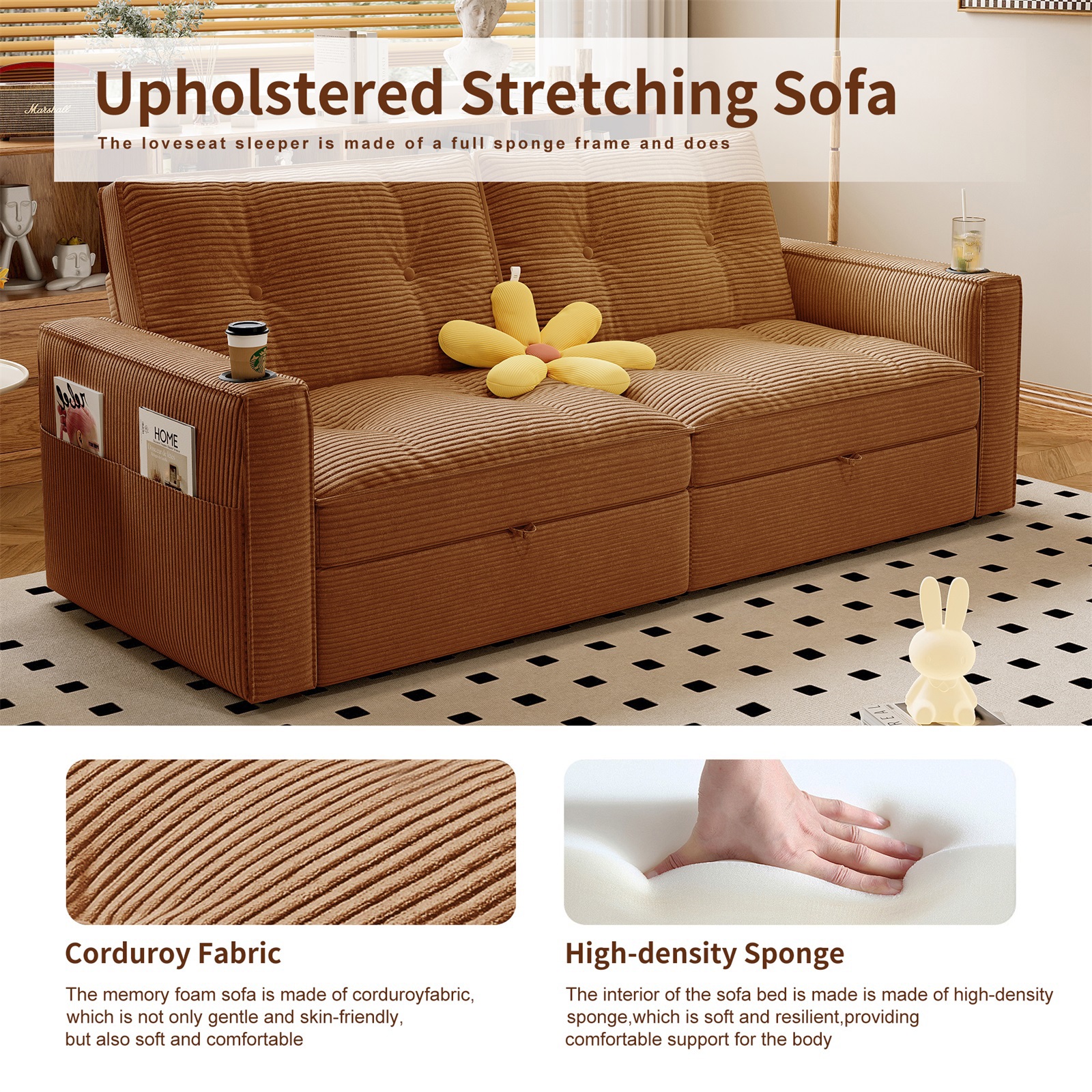 Hommoo 70" Convertible 2-in-1 Pull Out Couch Bed, Multi-Functional Corduroy Loveseat Sleeper Sofa Bed, Orange