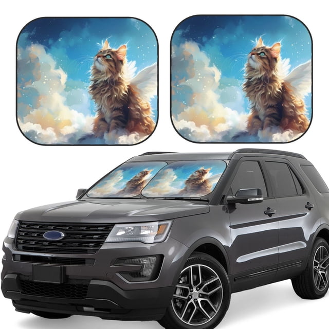 Saiise Blue Sky Winged Cat for Foldable Car Sun Shades (2-Pack) Offer Sun Protection with an Easy-fold Design for Convenient Windshield Shading-Medium