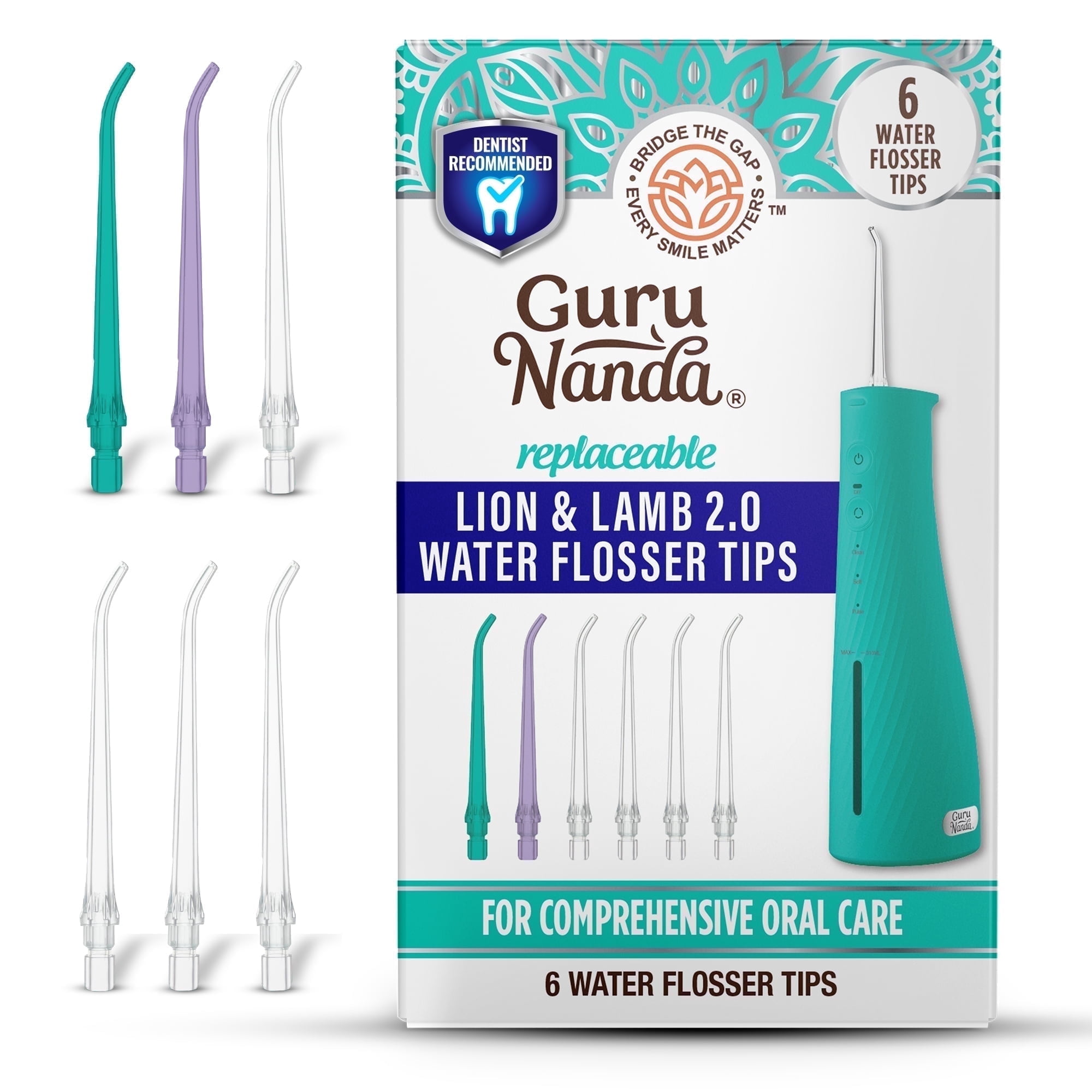 GuruNanda Water Flosser Replacement Tips for Lion & Lamb 2.0 - Multicolor, Pack of 6